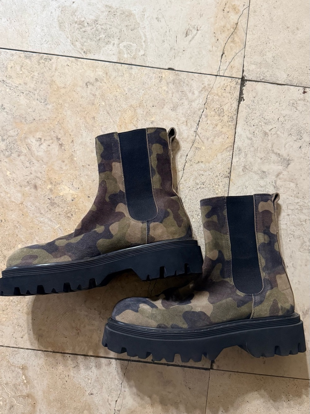 Casadei Camouflage Chelsea Lug-Sole Booties in Green and Brown